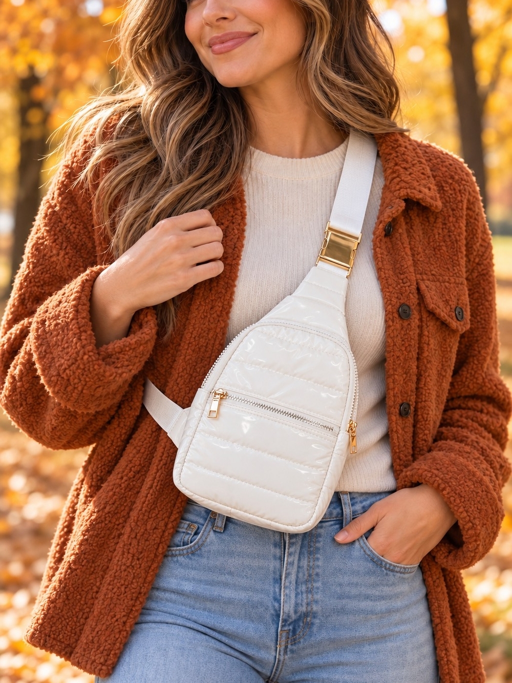 Patent Quilted Crossbody Sling Bag — Cream
